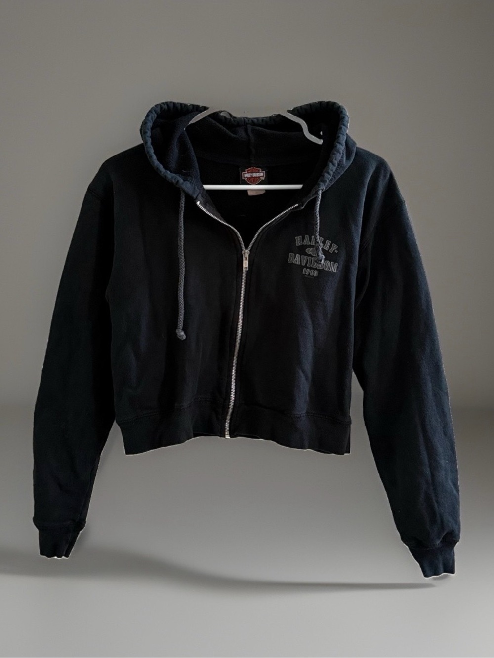 2002 Harley Davidson Womens M Cropped Zip Hoodie Black Y2K Motorcycle USA